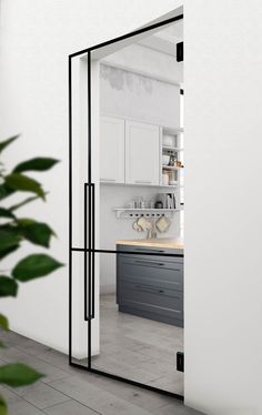 an open door leading to a kitchen with white cabinets and gray counter tops, in front of a potted plant