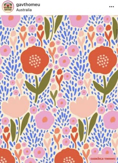 an abstract floral pattern with pink, red and blue flowers