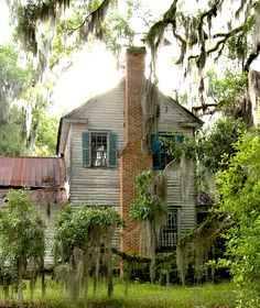 an old house is surrounded by trees and moss