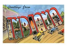 an old postcard with the word indiana written in large letters and cars driving around it