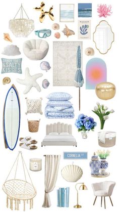 a collage of beach themed items in blue and white