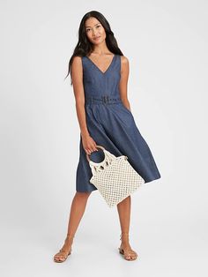 Denim V-Neck Dress | Banana Republic Cotton V-neck Belted Dresses, V-neck Denim Dress For Work, Chic Belted Denim Dress For Summer, Chic Medium Wash Belted Denim Dress, Belted Denim Dress For Summer Workwear, Chic Belted Knee-length Denim Dress, Chic Knee-length Belted Denim Dress, Chic V-neck Denim Dress, Chic Belted Denim Dress For Day Out