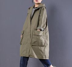 Long Women Casual Hooded Parka Plus Size Coat Jacket ,Custom make service available! Please feel free to contact us if you want custom made for this coat.Materials: cotton blendedMeasurement: One size fits all . length 60cm / 23.62"bust 128cm / 50.39"Sleeve length 67cm / 26.37" Most of our dresses are made of cotton linen fabric, soft and breathy. loose dresses to make you comfortable all the time.Flattering cut. Makes you look slimmer and matches easily.Payment:We accept payment by paypal and c Oversized Khaki Cotton Parka, Khaki Long Sleeve Parka With Side Pockets, Spring Military Style Khaki Parka, Spring Khaki Cotton Parka, Spring Long Coat Parka With Pockets, Oversized Khaki Parka For Spring, Oversized Green Parka For Spring, Oversized Spring Parka With Pockets, Casual Oversized Khaki Parka