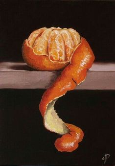 an orange is peeled and sitting on a ledge with its peel still attached to it