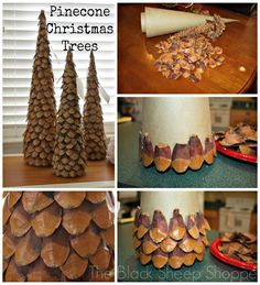 pinecone christmas trees made out of wood are shown in four different pictures, including the top one with cones