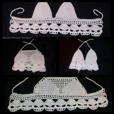 three pictures of white crocheted clothing