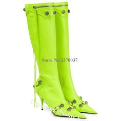 Metal Buttons Decorated Knee High Boots Colorful Boots, Boots Long, Green Boots, Boots Heel, Long Boots, Metal Buttons, Stiletto Heel, High Boots, Knee High Boots