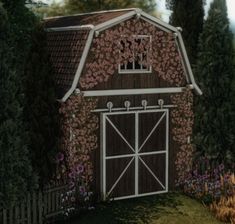 an image of a barn with flowers growing on it