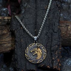 Pendant and Necklaces Gold plated Vikings Wolf and Kolovrat Stainless Steel Necklace Ancient Treasures Ancientreasures Viking Odin Thor Mjolnir Celtic Ancient Egypt Norse Norse Mythology Norse People, Wolf Pendant Necklace, Elder Futhark Runes, Wolves Pendants, Futhark Runes, Wolf Necklace, Viking Pendant, Elder Futhark, Stainless Steel Necklace