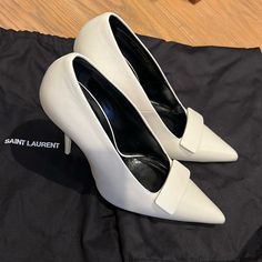 Details - Nappa Leather Upper And Sole - Made In Italy - Leather Lining - Pointed Toe With Stiletto Heel - Approx 110mm/ 4.3 Inch Heel - Manufacturer Style No. 709159-Aaaqc-9030 Saint Laurent White Heels, 3 Inch Heels, Saint Laurent Shoes, Nappa Leather, Stiletto Heel, Stiletto Heels, Leather Upper, Saint Laurent, Color White