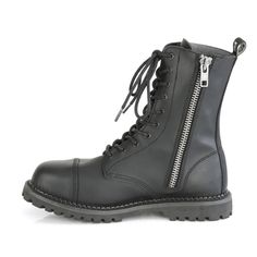 Ten Eyelet Unisex Steel Toe Ankle Boot, Rubber Sole - Fit Guide: True to Size - Heel Height: 1 1/4" Heel - Brand: Demonia - Unisex (Sizes are shown in Men's), Women order up 2 Sizes - Country of Origin: Imported Alternative Leather Combat Boots With Metal Feet, Leather Combat Boots With Metal Feet In Alternative Style, Alternative Style Leather Combat Boots With Metal Feet, Punk Leather Combat Boots With Steel Toe, High Ankle Leather Boots With Spikes, Punk Style Steel Toe Leather Combat Boots, Leather High Ankle Boots With Spikes, Edgy Leather Boots With Steel Toe, Spiked High Ankle Leather Boots