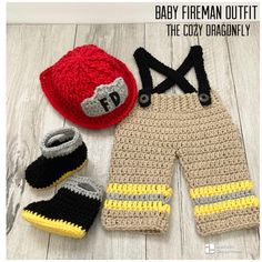 baby fireman outfit, booties and hat for the cozy dragonfly