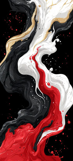 an abstract painting with red, white and black colors