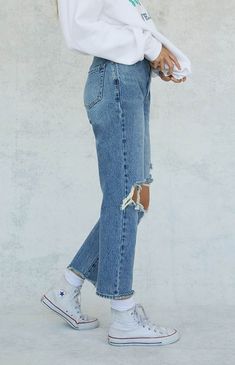 PacSun adds a little edge to your everyday style with the new eco-friendly Medium Blue Distressed High Waisted Straight Leg Jeans. These classic high-rise jeans come in a medium blue wash and get finished with a flattering straight leg fit and destruction details. Sarah Outfits, Cute Mom Jeans, Cute Ripped Jeans, High Waisted Straight Leg Jeans, Affordable Jeans, Jeans Pacsun, Jeans Collection, Jeans Outfits