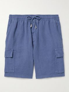 Over the last 50 years, Vilebrequin has earned a reputation for its quality craftsmanship. These straight-leg cargo shorts are cut from airy linen and have a comfortable elasticated drawstring waistband. Linen Bermuda Shorts With Side Pockets, Bermuda Linen Shorts With Side Pockets, Linen Bermuda Bottoms With Side Pockets, Denim Blue Cargo Shorts, Summer Beach Cargo Shorts With Built-in Liner, Blue Cotton Cargo Shorts, Cargo Shorts For Men, Summer Outdoor Cargo Shorts With Built-in Liner, Military Style Cotton Cargo Shorts With Patch Pockets