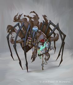 a large spider with red eyes and long legs on it's back, standing in front of a gray background