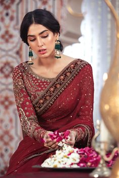 Royal Deep Red Saree Bridal Pakistani Dress Red Saree Bridal, Red Saree Wedding, Bridal Pakistani, Engagement Saree, Fashionable Saree Blouse Designs