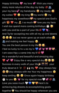 an emo text message with hearts and other emoticions in the background that reads, happy birthday my love wish you many