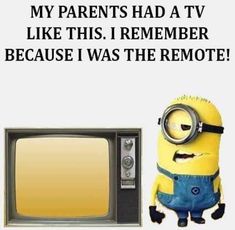 a minion next to an old tv with the caption, my parents had a tv like this i remember because i was the remote