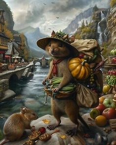 a painting of a rat carrying a bag full of fruit and vegetables in front of a river