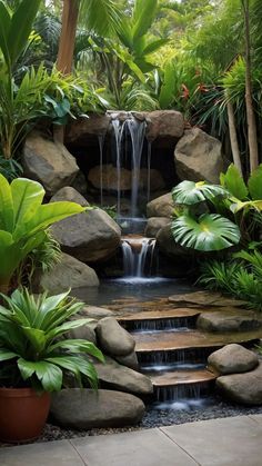 a small waterfall surrounded by plants and rocks