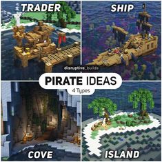 the pirate island in minecraft is shown with text that reads,'pirate ideas cove island