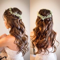 two pictures of a woman with long hair and flowers in her hair, one is wearing a wedding dress