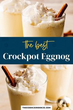 two glasses filled with crockpot eggnog and topped with whipped cream, cinnamon sticks