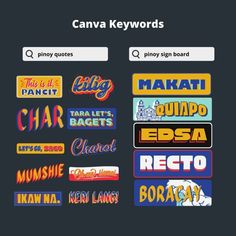 the canva keywords app is shown with many different types of logos on it