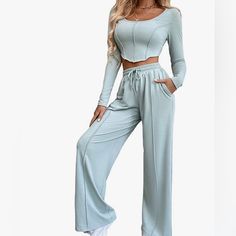 Comfortable Two Piece Set Perfect For Running Errands Or A Casual Day Out. Never Worn Only Tried On Grey Two Piece, Greys Anatomy Scrubs, Pole Wear, Blue Crop Top, H&m Women, Lace Kimono, Blue Crop Tops, Scrub Pants, Casual Sets