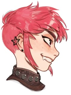 a drawing of a girl with pink hair and piercings on her ears, looking to the side