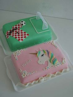 two cakes decorated to look like unicorns on top of each other, one is pink and the other is green