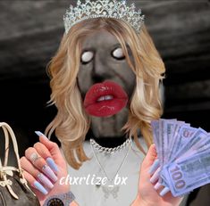 a woman with makeup holding money and purse