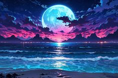 an ocean scene with the moon in the sky