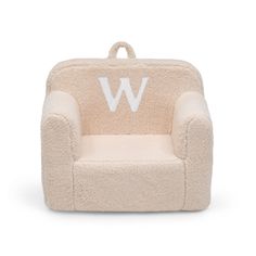 a small chair with the letter w on it's back and white letters in front