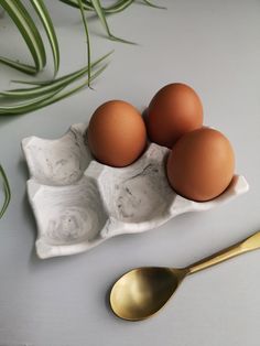 three brown eggs in a white bowl next to a golden spoon on a white surface