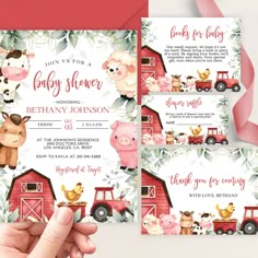 a baby shower is shown with farm animals on the front and back of it, along with a pink ribbon