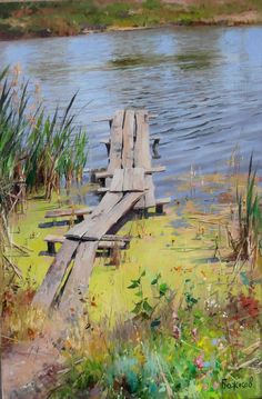 an oil painting of a wooden bench in the water