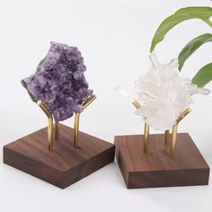 three different types of crystals on wooden stands