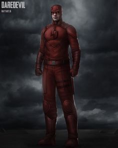 a man in a red suit standing on top of a dark cloud filled sky with the caption dared