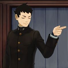 an animated image of a man in uniform pointing to the side with his hand out