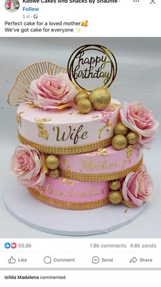 a pink and gold birthday cake with roses on top is featured in the instagram post