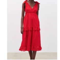 New Zara Red Dress With Tag Holiday Ruffle Midi Dress, Holiday Ruffled Midi-length Dress, Casual Midi Dress For Holiday, Red Ruffled Midi Dress For Day Out, Chic Red Midi Dress For Summer, Red Midi Dress For Spring Vacation, Red Ruffled Midi Dress For Summer, Chic Red Maxi Dress For Holiday, Red V-neck Midi Sundress