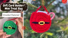 a crochet christmas ornament hanging from a tree with the words gift card holder mini treat bag