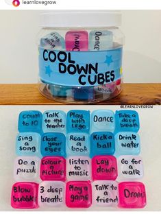 there are many different colored dices in the container and one is labeled cool down cubes