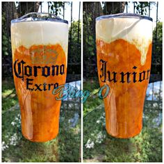 two shots of an orange and white drink with the words corona extra on it's side