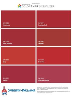 the color swat list for sherylin williams's new paint collection, which includes red