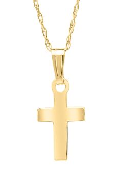 a gold cross pendant on a chain with an open link around the clasp and back