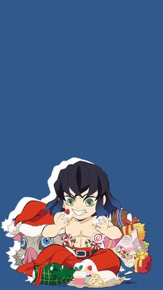 an anime character sitting on the ground surrounded by christmas decorations and candy canes in front of a blue background