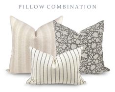 three pillows with different designs on them and the words pillow combination written in white letters